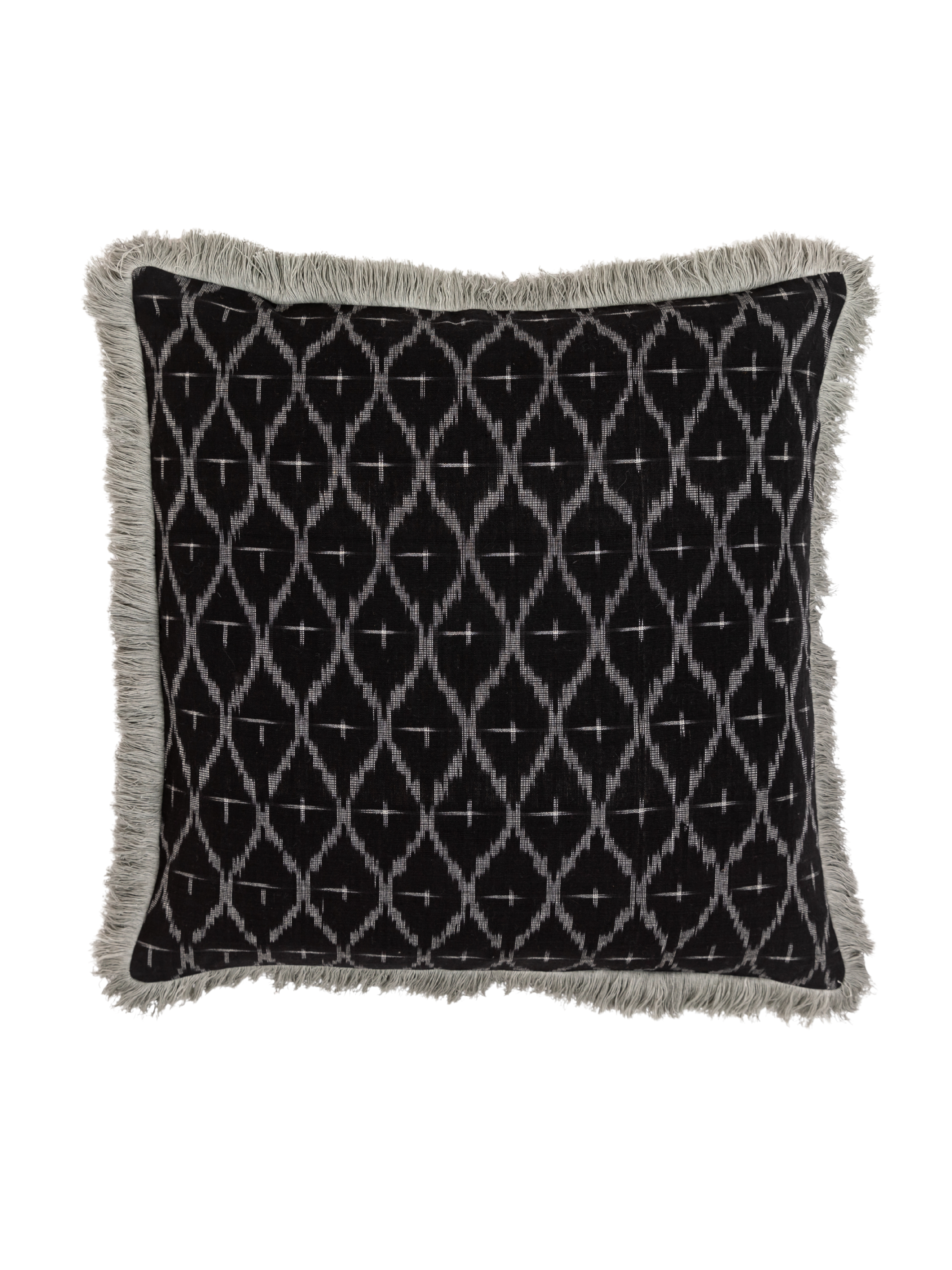 Charcoal Diamond Ikat Pillow Cover With Fringe